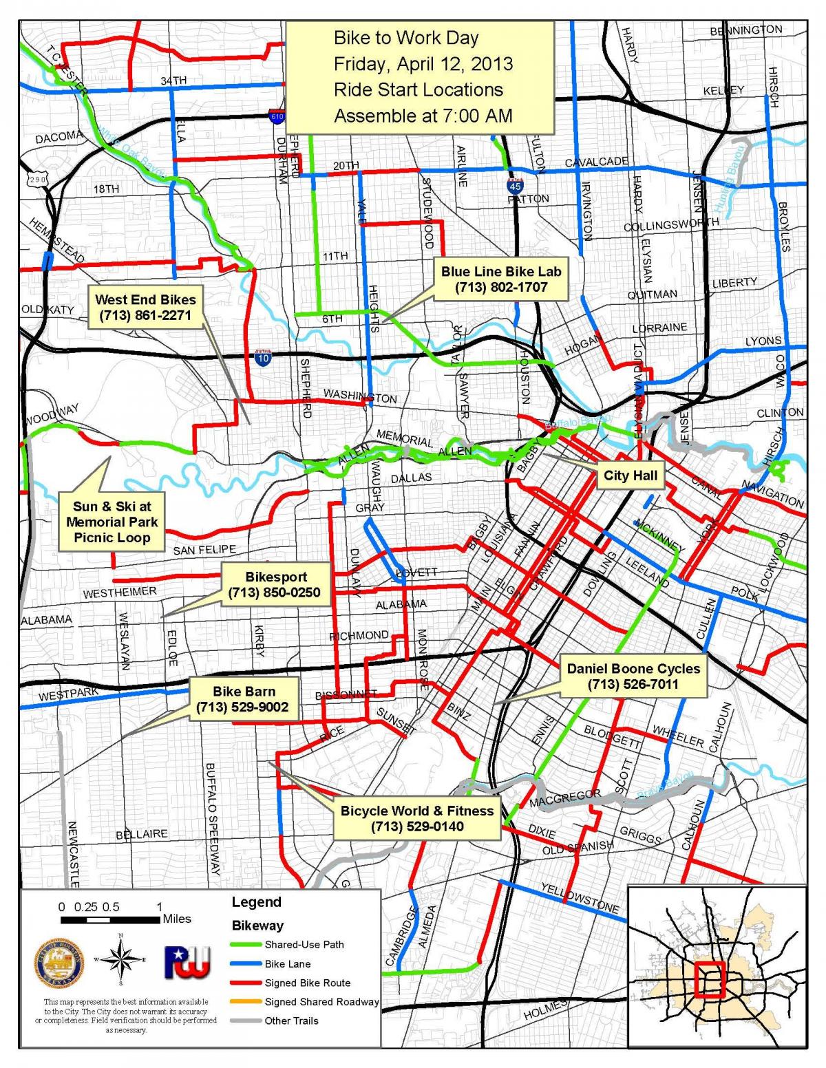 jalur sepeda Houston peta